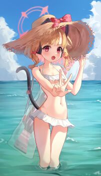 1girl :o absurdres alternate_costume animal_ear_headphones animal_ears bare_arms bare_shoulders bikini bikini_skirt blonde_hair blue_archive blue_sky blush bow breasts cat_ear_headphones cat_ears cat_tail cloud cloudy_sky collarbone commentary fake_animal_ears fake_tail groin hair_bow halterneck hand_up hat hat_bow headphones highres holding holding_unworn_clothes holding_unworn_hat horizon kano_(kano4) looking_at_viewer md5_mismatch midriff momoi_(blue_archive) navel ocean open_mouth parted_bangs red_bow red_eyes resolution_mismatch shallow_water short_hair sidelocks sky small_breasts solo source_larger stomach straw_hat swimsuit tail thigh_gap thighs underboob unworn_hat unworn_headwear v-shaped_eyebrows w wading water white_bikini