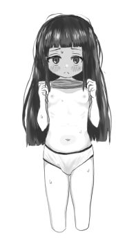 1girl blush breasts clothes_lift dainaru embarrassed female_focus greyscale highres lifting_own_clothes loli long_hair looking_at_viewer monochrome navel nipples original panties small_breasts solo standing stomach sweat thighs underwear