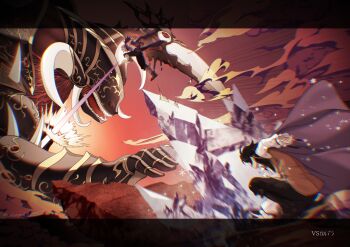 1other 2boys bandaged_leg bandages black_border black_pants blurry border brown_hair brown_vest cape casting_spell chromatic_aberration commentary_request cryokinesis cyrus_albright emphasis_lines facing_away fighting floating_clothes floating_hair fringe_trim galdera highres horns ice letterboxed long_sleeves male_focus mmr4304 monster motion_blur multiple_boys octopath_traveler octopath_traveler_i on_one_knee open_mouth pants poncho purple_cape purple_poncho red_eyes shirt smoke teeth therion_(octopath_traveler) twitter_username vest vs white_hair white_horns white_shirt