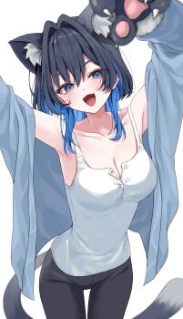 1girl :d absurdres alternate_costume animal_ear_fluff animal_ears animal_hands armpits arms_up black_hair black_pants blue_eyes blue_hair blue_jacket breasts cat_ears cat_tail cleavage colored_inner_hair commentary fangs gloves hair_intakes highres hololive hololive_english jacket kemonomimi_mode long_hair looking_at_viewer medium_breasts mogu_(au1127) multicolored_hair off_shoulder open_mouth ouro_kronii pants paw_gloves shirt simple_background sleeveless sleeveless_shirt smile solo symbol-only_commentary tail virtual_youtuber white_background white_shirt wolf_cut