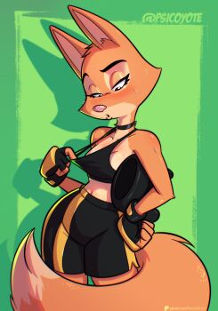 1girl absurdly_long_tail animal_ears animal_nose blush breasts brown_eyes choker clothes_pull crop_top curvy diane_foxington dreamworks fox fox_ears fox_girl fox_tail furry furry_female green_background gym_shorts gymwear highres long_ears medium_breasts narrowed_eyes navel orange_fur psicoyote shadow shirt shirt_pull shirt_tug short_shorts shorts simple_background sleeveless sleeveless_shirt sweat sweatdrop tail the_bad_guys_(movie) two-tone_fur wide_hips workout_clothes
