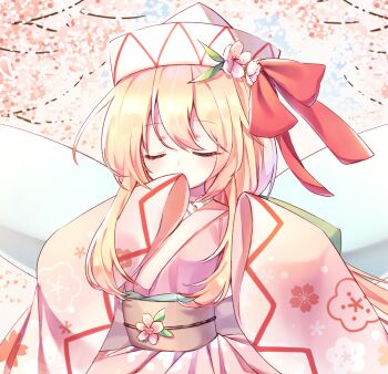 1girl blonde_hair cherry_blossoms closed_mouth commentary_request floral_print flower flower_ornament hair_flower hair_ornament highres japanese_clothes kimono lily_white lolita_fashion long_hair obi pudding_(skymint_028) red_ribbon ribbon sash touhou tree wa_lolita wide_sleeves wings