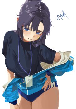 1girl absurdres black_shirt blue_archive blue_buruma blue_eyes blue_jacket blush buruma closed_mouth commentary_request healthy_farm1 highres id_card jacket jacket_partially_removed long_hair millennium_science_school_logo ponytail purple_hair shirt sportswear star_(symbol) star_sticker sticker sticker_on_face t-shirt white_background yuuka_(blue_archive) yuuka_(track)_(blue_archive) zipper