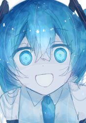 Rule 34 | 1girl, absurdres, aqua eyes, aqua hair, aqua necktie, artist name, black sleeves, blue eyes, blue pupils, blue sclera, collared shirt, colored sclera, commentary request, detached sleeves, dot nose, hair between eyes, hair ornament, hatsune miku, highres, izu (izu 16016), long hair, long hair between eyes, looking at viewer, necktie, open mouth, pale skin, ringed eyes, shirt, sidelocks, signature, simple background, sleeveless, solo, twintails, vocaloid, white background, white shirt, wide-eyed