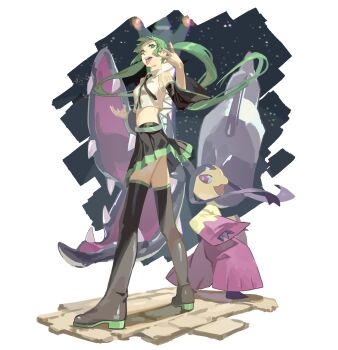 1girl absurdres aqua_eyes aqua_hair bad_tag bare_shoulders big_hair black_hair black_nails black_sleeves bright_pupils chromatic_aberration colored_skin detached_sleeves extra_mouth from_behind from_below from_side full_body gen_3_pokemon hatsune_miku highres kucheat_zg living_hair long_hair looking_at_viewer mawile mega_mawile mega_pokemon mega_stone multicolored_skin necktie nintendo number_tattoo object_on_tongue open_mouth outstretched_arms pokemon pokemon_(creature) project_voltage red_eyes sharp_teeth shirt sleeveless sleeveless_shirt smile tattoo teeth thighhighs twintails vocaloid white_pupils yellow_skin