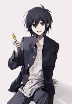 1boy arm_behind_back black_hair black_jacket blurry boxcutter buttons collarbone cowboy_shot film_grain grey_eyes hair_between_eyes hashtag-only_commentary highres hinomiya_shou holding holding_boxcutter jacket long_hair long_sleeves looking_at_viewer open_clothes open_jacket open_mouth pants randal's_friends shirt sidelocks simple_background sitting smile solo teeth tsukada_satoru upper_teeth_only white_background white_shirt