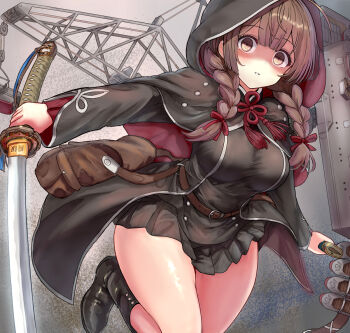 Rule 34 | 1girl, ahoge, black capelet, black dress, blush, braid, breasts, brown eyes, brown hair, capelet, commentary request, crane (machine), dress, em s, flight deck, grey background, hair ribbon, highres, holding, holding sword, holding weapon, hood, hooded capelet, kantai collection, katana, large breasts, long hair, long sleeves, looking at viewer, partial commentary, red ribbon, ribbon, rigging, shinshuu maru (kancolle), smokestack, solo, sword, twin braids, weapon