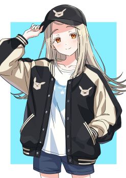 1girl adjusting_clothes adjusting_headwear animal_print baseball_cap black_hat black_jacket blonde_hair blue_background blue_shorts blush border closed_mouth collarbone colored_eyelashes commentary_request cowboy_shot earrings flipped_hair gakuen_idolmaster gradient_hair grey_hair hand_in_pocket hand_up hat highres idolmaster jacket jewelry kousuke0912 long_hair long_sleeves looking_at_viewer multicolored_hair multicolored_jacket open_clothes open_jacket orange_eyes outside_border rabbit_print shinosawa_hiro shirt shorts smile solo standing stud_earrings sukajan t-shirt two-tone_jacket white_border white_shirt