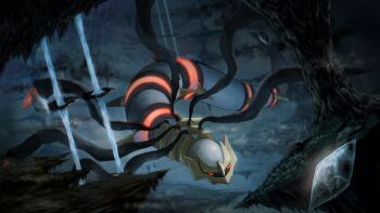 absurdres floating_island flying gem gen_4_pokemon giratina glowing grey_sky highres legendary_pokemon legna_(legna_161cm) looking_ahead nintendo no_humans outdoors pokemon pokemon_(creature) red_eyes sky solo tree twitter_username