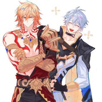 1108feiriku 2boys antenna_hair arm_tattoo armlet armor black_choker black_coat black_shirt blonde_hair blue_cape braid cape chest_tattoo choker clawed_gauntlets closed_eyes coat earrings facial_tattoo gold_earrings gold_necklace gradient_hair hashtag-only_commentary highres honkai:_star_rail honkai_(series) jewelry male_focus medium_hair multicolored_hair multiple_boys mydei_(honkai:_star_rail) neck_tattoo necklace open_clothes open_coat parted_bangs pauldrons phainon_(honkai:_star_rail) red_hair red_tattoo shirt short_hair shoulder_armor side_braid simple_background single_pauldron sun_symbol sun_tattoo tan tattoo white_background white_coat white_hair yellow_eyes