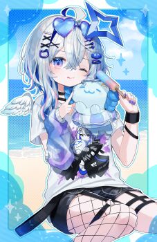 Rule 34 | 1girl, ;q, absurdres, ahoge, amane kanata, arm warmers, black pantyhose, black skirt, blue nails, blush, closed mouth, commentary request, crossed bangs, day, double-parted bangs, eyewear on head, feathered wings, feet out of frame, fishnet pantyhose, fishnets, food, fuinagi (huyuu mm), grey hair, hair between eyes, heart, heart-shaped eyewear, highres, holding, holding food, holding popsicle, hololive, long hair, looking at viewer, miniskirt, multicolored hair, nail polish, one eye closed, outdoors, outline, pantyhose, pink eyes, pink streaks, popsicle, shirt, short sleeves, single arm warmer, sitting, skirt, solo, sparkle, streaked hair, sunglasses, tongue, tongue out, virtual youtuber, white outline, white shirt, white wings, wings