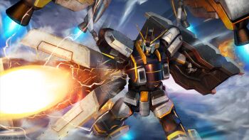 Rule 34 | absurdres, artist request, atlas gundam, battle, beam rifle, cloud, cloudy sky, copyright logo, earth federation, energy, energy beam, energy gun, firing, flying, gundam, gundam battle operation 2, gundam thunderbolt, highres, logo, machinery, mecha, mecha focus, mobile suit, realistic, robot, science fiction, shield, sky, sunrise (company), thrusters, v-fin, weapon