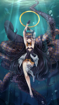Rule 34 | 1girl, armpits, arms up, asymmetrical gloves, black dress, blue eyes, blunt bangs, breasts, detached sleeves, diamond hairband, dress, flat chest, fur choker, fur collar, gloves, gradient hair, halo, headpiece, highres, hololive, hololive english, long hair, looking at viewer, low wings, multicolored hair, ninomae ina'nis, ninomae ina'nis (1st costume), okobo, orange hair, platform sandals, pointy ears, purple hair, sandals, shimo (depthbomb), sidelocks, single detached sleeve, single thighhigh, small breasts, smile, solo, strapless, strapless dress, tentacle hair, tentacles, thighhighs, uneven gloves, virtual youtuber, wings