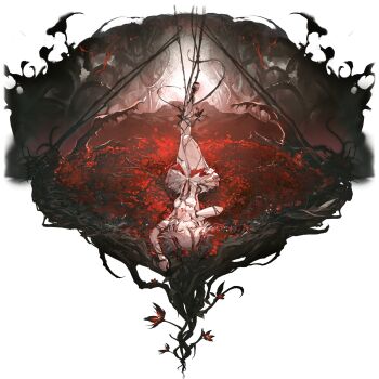 1girl arm_up asymmetrical_clothes black_flower black_ribbon blake_bloom_(wuthering_waves) breasts clothing_cutout collar dress fangs flower flower_on_chest full_body hair_between_eyes hair_flower hair_ornament hair_ribbon hair_vines hand_to_own_mouth highres knee_up leg_up looking_at_viewer lying multicolored_hair navel official_art on_back open_mouth outstretched_leg pants plant red_flower red_pupils red_ribbon red_rose ribbon rose short_hair sideless_dress single_pantsleg small_breasts smile solo stomach_cutout streaked_hair tacet_mark_(wuthering_waves) thorns transparent_background vines white_collar white_dress white_hair white_pants wuthering_waves