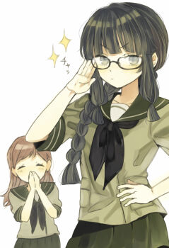 Rule 34 | 2girls, bespectacled, black-framed eyewear, black hair, black neckerchief, blunt bangs, blush, braid, brown hair, closed eyes, commentary request, covering own mouth, glasses, green sailor collar, green skirt, hair over one eye, hair over shoulder, hand on own hip, highres, kantai collection, kitakami (kancolle), kurodeko, long hair, looking at viewer, multiple girls, neckerchief, ooi (kancolle), pleated skirt, sailor collar, school uniform, serafuku, short sleeves, sidelocks, simple background, single braid, skirt, sparkle, white background