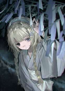 1girl absurdres bandaid bandaid_on_face bandaid_on_nose blonde_hair blue_eyes braid commentary crossed_bandaids frilled_hairband frills hairband hand_up hayu_(hayu0305) highres japanese_clothes kimono looking_at_viewer milky_way original solo star_(sky) tanabata tanzaku twin_braids upper_body