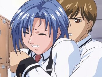 00s 1boy 1girl 2001 animated animated_gif arms_around_neck bible_black bible_black_night_of_the_walpulgiss blue_eyes blue_hair brown_hair fighting hetero locker locker_room mind_control murai_ayumi restrained school_uniform short_hair tagme