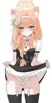 1girl absurdres alternate_costume animal_ear_fluff animal_ears black_dress black_thighhighs blue_archive blue_eyes blush braid breasts cat_ears cat_girl closed_mouth clothes_lift collared_shirt commentary cowboy_shot cropped_shirt cross cross_necklace dress dress_lift fingernails flower garter_straps hair_between_eyes hair_flower hair_intakes hair_ornament hairband halo heart highres jewelry leaf_hair_ornament lifting_own_clothes long_hair looking_at_viewer mari_(blue_archive) necklace no_bra nyangpan orange_hair panties presenting puffy_short_sleeves puffy_sleeves revision shirt short_sleeves simple_background single_braid skindentation small_breasts smile solo sparkling_eyes straight-on symbol-only_commentary thighhighs thighs underwear white_background white_flower white_hairband white_panties white_shirt yellow_halo