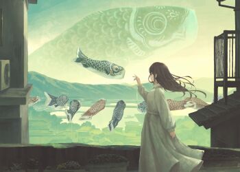 1girl brown_hair commentary_request day dress gensuke_(ryun) highres koinobori lake long_hair mountain original outdoors scenery solo standing white_dress wide_shot windsock