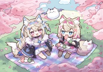 2girls :3 absurdres ahoge animal_ear_fluff animal_ears artist_logo artist_name black_coat black_jacket blonde_hair blue_eyes blue_hair blue_hairband cherry_blossoms chibi coat commentary_request crop_top cropped_jacket dango dog_ears dog_girl dog_tail dress eating fang fangs fishnet_socks fishnets food fuwawa_abyssgard fuwawa_abyssgard_(1st_costume) hair_ornament hairband hairclip highres hololive hololive_english jacket lightning_bolt_print logo long_hair mococo_abyssgard mococo_abyssgard_(1st_costume) multiple_girls nature necoyu_(yuyudomino) outdoors perroccino_(fuwamoco) picnic pink_eyes pink_hair pink_hairband print_shirt sanshoku_dango shirt short_hair siblings single_bare_foot single_sock sisters sitting socks spiked_hair star-shaped_pupils star_(symbol) symbol-shaped_pupils tail twins virtual_youtuber wagashi white_dress white_shirt x_hair_ornament