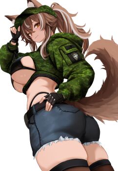 1girl absurdres animal_ears ass baseball_cap belt bikini black_bikini black_gloves blue_shorts breasts brown_hair brown_thighhighs callisto_(greyeth) camouflage camouflage_jacket closed_mouth commentary commission cowboy_shot cropped_jacket cutoffs denim denim_shorts ears_through_headwear english_commentary fingerless_gloves fox_ears fox_girl fox_tail framed_breasts gloves green_hat green_jacket hand_on_headwear hand_on_own_hip hand_up hat highleg highres hood hood_down jacket large_breasts long_hair long_sleeves looking_at_viewer looking_back midriff multicolored_hair orange_eyes original panty_straps ponytail second-party_source short_shorts shorts simple_background skindentation smile solo streaked_hair string_bikini swimsuit tail tail_raised thighhighs thighs white_background yan_kodiac