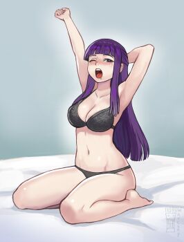 1girl ;o absurdres arm_behind_back arms_up artist_logo artist_name bare_arms bare_legs bare_shoulders barefoot bed_sheet black_bra black_panties blunt_bangs blush bra breasts commentary english_commentary fern_(sousou_no_frieren) full_body groin highres large_breasts logo long_hair navel one_eye_closed panties purple_hair sitting solo sousou_no_frieren stomach stretching underwear underwear_only watcher_hollow yawning