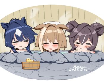 3girls a.nori alternate_hairstyle animal_ears artist_name black_hair blush brown_hair bucket cheval_grand_(umamusume) commentary_request dated double_bun fence hair_bun highres horse_ears horse_girl medium_hair mole mole_under_eye multiple_girls onsen open_mouth rock siblings sisters smile umamusume v_sisters verxina_(umamusume) vivlos_(umamusume)