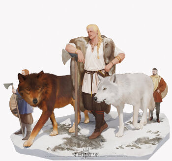 absurdres animal_ears armlet artist_logo artist_name axe badge battle_axe blonde_hair blue_eyes braid brown_fur brown_hair claws grin highres holding holding_axe holding_shield holding_weapon jewelry leman_russ logo long_hair looking_at_viewer pelt primarch red_hair shield single_braid smile space_wolves tail usfr warhammer_40k weapon white_fur wolf wolf_ears wolf_tail yellow_eyes