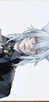 Rule 34 | 1boy, adjusting clothes, adjusting necktie, animal ear fluff, animal ears, black gloves, black jacket, blue pupils, cat boy, cat ears, commentary, crossed bangs, english commentary, gloves, grey background, grey hair, hair between eyes, haku ris, hand up, highres, jacket, long hair, male focus, necktie, parted lips, portrait, severian lowell, sideways, simple background, snowing, solo, yellow necktie, zenless zone zero