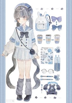 1girl aoyagi874 artist_name backpack bag bare_legs beret black_shoes blunt_bangs blush bow bowtie commentary crossbody_bag cup disposable_coffee_cup disposable_cup flower_hairpin frilled_skirt frills full_body glasses grey_eyes hair_bow hat highres leg_warmers long_hair long_sleeves looking_at_viewer low_twintails miniskirt notebook original painting_(medium) pale_skin pen pleated_skirt pouch ribbon sailor_collar shoes shoulder_bag sidelocks skirt smile solo standing striped_border symbol-only_commentary traditional_media twintails very_long_hair watercolor_(medium) watermark white_background