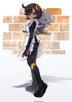 1girl apron black_hair bodysuit brick_wall dark-skinned_female dark_skin emma_(pokemon) espurr full_body gen_6_pokemon gloves grin looking_at_viewer medium_hair myuga66666 poke_ball poke_ball_(basic) pokemon pokemon_legends:_z-a purple_eyes shoes smile solo tray
