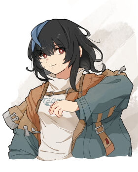 1girl alternate_hair_length_(longer) black_hair blue_hair blue_jacket blue_streaks breasts bright_pupils commentary guilty_gear guilty_gear_strive highres jacket jacket_over_jacket looking_at_viewer medium_hair multicolored_hair open_clothes open_jacket orange_jacket red_eyes shirt simple_background small_breasts smile solo streaked_hair unika_(guilty_gear) white_background white_pupils white_shirt yano_(edbr1022)