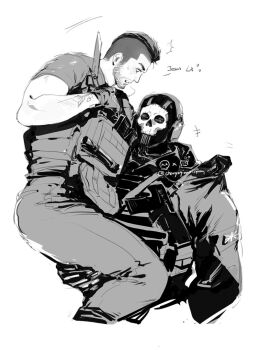 Rule 34 | 2boys, arm around shoulder, balaclava, beard, bulletproof vest, call of duty, call of duty: modern warfare 2, chanyuqianxin, commentary, cropped legs, cropped torso, english text, facial hair, ghost (modern warfare 2), gloves, greyscale, gun, headphones, long sleeves, looking at another, male focus, mohawk, monochrome, multiple boys, pants, shirt, short hair, short sleeves, soap (modern warfare 2), t-shirt, union jack, untranslatable commentary, weapon, white background