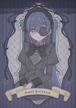 1girl alternate_costume black_bow black_bowtie black_hairband black_jacket black_ribbon black_skirt blue_eyes blue_hair bow bowtie buttons collared_shirt eyepatch frilled_eyepatch frilled_hairband frills fuonna_kuuki grey_shirt hairband happy_halloween hashtag-only_commentary jacket juliet_sleeves long_hair long_sleeves looking_at_viewer puffy_sleeves ribbon shirt skirt solo striped_background two_side_up virtual_youtuber vspo! yano_kuromu