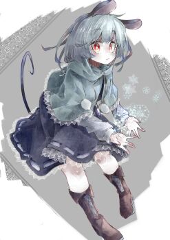 1girl absurdres animal_ears black_skirt blush boots brown_boots closed_mouth collared_capelet frills grey_hair hair_between_eyes highres long_sleeves looking_at_viewer mouse_ears mouse_girl mouse_tail muraryo nazrin shirt short_hair skirt sleeve_cuffs snowflakes solo tagme tail touhou white_shirt winter