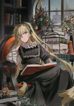1girl armchair bell black_dress black_hairband blonde_hair blue_ribbon blunt_bangs book book_stack bookshelf box cake chair character_doll cherry christmas_ornaments christmas_stocking christmas_tree closed_mouth commentary cup doll dress feet_out_of_frame flower food frilled_dress frilled_hairband frilled_shirt_collar frilled_sleeves frills fruit gift gift_box gingerbread_man gosick green_eyes hairband hand_on_own_cheek hand_on_own_face highres hime_cut indoors lolita_hairband long_dress long_hair long_sleeves looking_at_viewer muntins open_book pink_flower pink_rose puffy_sleeves ribbon rose sideways_glance simian_(13524987jepsen) sitting smile smoking_pipe snowing solo symbol-only_commentary table teacup teaspoon tiered_tray vase very_long_hair victorian victorica_de_blois window