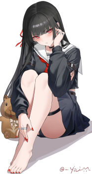 absurdres arm_cutout barefoot black_choker black_hair black_panties black_shirt black_skirt blush breasts chisa_(wuthering_waves) choker clothing_cutout commentary feet fingernails hair_ribbon hand_up highres knees_up long_fingernails long_hair long_sleeves looking_at_viewer medium_breasts mole mole_under_eye nail_polish namipon_(wuthering_waves) neckerchief panties pantyshot parted_lips red_eyes red_nails red_neckerchief red_ribbon ribbon sailor_collar shirt simple_background sitting skirt soles thigh_strap thighs toenail_polish toenails toes underwear very_long_hair white_background white_sailor_collar wuthering_waves yizi_(yizi_official)
