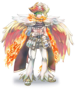 Rule 34 | 1boy, armor, blue eyes, breastplate, commentary request, feathered wings, fiery wings, fire, flask, full body, genetic (ragnarok online), gloves, green hair, hat, looking afar, male focus, midriff, pants, pauldrons, philippa, pirate hat, plume, pointy ears, potion, ragnarok online, red hat, round-bottom flask, shoes, short hair, shoulder armor, simple background, smile, solo, standing, white background, white gloves, white pants, white shoes, wings, yellow wings