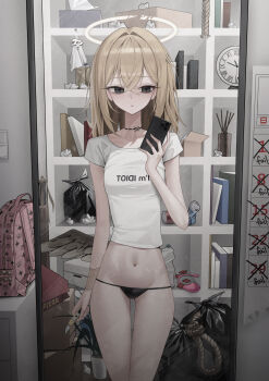 1girl ashal_(mansu) bag bikini bikini_bottom_only blonde_hair bookshelf boxcutter cellphone clock collarbone double-parted_bangs expressionless hair_between_eyes halo highres holding holding_boxcutter holding_phone iphone mansu_(mansu113355) mirror_selfie navel neck_tattoo original phone selfie shirt smartphone solo swimsuit tattoo thigh_gap trash white_shirt