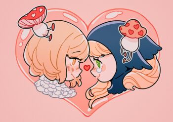 2girls blonde_hair blue_hood blush chimera crying crying_with_eyes_open dungeon_meshi falin_touden falin_touden_(chimera) feathers fly_agaric green_eyes heart highres long_hair marcille_donato marcille_donato_(lord) meyoco multiple_girls mushroom pink_background short_hair simple_background tears walking_mushroom_(dungeon_meshi) white_feathers yellow_eyes yuri