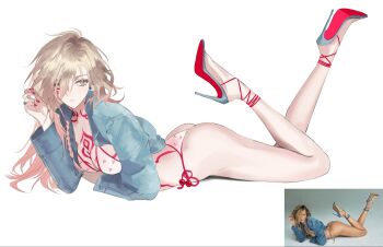 1girl ass bikini blonde_hair blue_jacket breast_tattoo breasts earrings genderswap genderswap_(mtf) high_heels highres honkai:_star_rail honkai_(series) jacket jewelry legs_up long_hair medium_breasts mydei_(honkai:_star_rail) red_nails red_tattoo reference_inset solo swimsuit tattoo white_bikini yellow_eyes yigenzhen26389