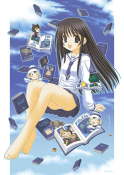 Rule 34 | 1girl, 2boys, ^ ^, aikawa touma, baby animal, bad id, barefoot, bell, bird, black cat, black eyes, black hair, blue necktie, blue skirt, blue sky, book, cat, chick, closed eyes, closed mouth, detached wings, fish, fishing rod, food, fruit, hat, holding, holding fishing rod, long hair, looking at viewer, mandarin orange, mini person, miniboy, miniskirt, monkey, multiple boys, neck bell, necktie, open book, open mouth, original, outside border, panties, pantyshot, pillarboxed, pleated skirt, sailor collar, school uniform, serafuku, shirt, short hair, skirt, sky, smile, striped clothes, striped hat, striped shirt, sweater, through medium, through page, tree, underwear, white panties, white sailor collar, white sweater, white wings, wings