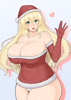 1girl absurdres alternate_breast_size_(larger) alternate_costume atago_(kancolle) blonde_hair breasts cameltoe cleavage commentary_request covered_navel dress elbow_gloves fur-trimmed_dress fur-trimmed_gloves fur-trimmed_headwear fur_trim gloves green_eyes hair_between_eyes hat heart highres huge_breasts kantai_collection long_hair open_mouth panties red_dress red_gloves red_hat santa_hat short_dress smile solo strapless strapless_dress underwear very_long_hair white_panties wigguy