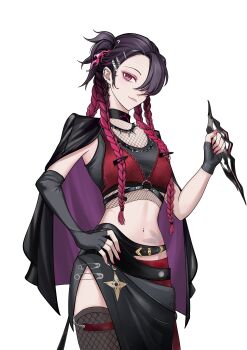 1girl absurdres asymmetrical_bangs asymmetrical_gloves black_cape black_gloves black_hair black_tank_top black_thighhighs cape chinese_commentary commentary cowboy_shot crop_top dagger earclip earrings elbow_gloves eyeliner fingerless_gloves fire_hair_ornament fishnet_thighhighs fishnet_top fishnets flower_tattoo gloves gradient_hair hair_ornament hair_over_one_eye hair_over_shoulder hairclip hand_on_own_hip highres holding holding_dagger holding_knife holding_weapon jewelry knife linea_alba long_hair looking_at_viewer makeup midriff mismatched_gloves multicolored_hair nail_polish navel navel_piercing one_eye_closed path_to_nowhere piercing pink_eyeliner pink_eyes pink_hair pink_nails quad_braids safety_pin simple_background single_bare_arm single_elbow_glove solo stomach_tattoo tank_top tattoo thighhighs thistle_(path_to_nowhere) weapon white_background zhe_er_(sufengzi)