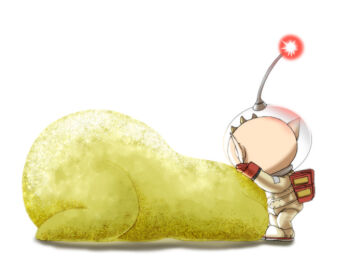 Rule 34 | 1boy, backpack, bag, brown hair, commentary request, facing away, full body, gloves, helmet, male focus, naru (wish field), nintendo, olimar, patch, petting, pikmin (series), pikmin 3, plasm wraith, pointy ears, radio, red bag, red gloves, shadow, short hair, simple background, slime (creature), space helmet, standing, very short hair, white background