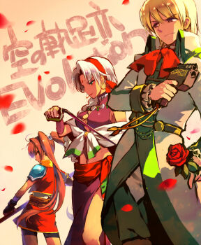 1boy 2girls armor bike_shorts blonde_hair blue_eyes braid braided_ponytail breasts brown_hair cleavage cleavage_cutout clothing_cutout coat copyright_name cowboy_shot cross-laced_clothes earrings eiyuu_densetsu estelle_bright falcom fingerless_gloves flower forehead_jewel gloves gun hairband halterneck hoop_earrings jacket jewelry long_hair looking_back mariko_(leda) medium_breasts midriff miniskirt multiple_girls neck_ribbon necklace olivert_reise_arnor pants parted_bangs petals purple_eyes ribbon rose sarong sash scherazard_harvey short_hair shorts shorts_under_skirt shoulder_armor silver_hair skirt sora_no_kiseki staff twintails weapon whip
