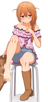 1girl absurdres baba_konomi blue_eyes blush boots braid brown_boots brown_hair closed_mouth collarbone denim denim_shorts feet full_body hair_between_eyes highres iceman_(iceman550787) idolmaster idolmaster_million_live! long_hair no_socks on_stool pink_shirt shirt shorts simple_background single_bare_foot single_boot single_braid sitting solo steaming_body toes two_side_up white_background