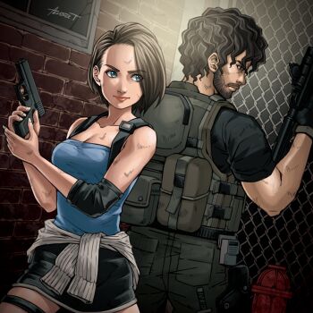 1boy 1girl assault_rifle azusa_tanaka beard black_gloves black_hair black_shirt black_skirt blue_tube_top brown_hair carlos_oliveira clothes_around_waist elbow_pads facial_hair gloves gun handgun holding holding_gun holding_weapon jill_valentine miniskirt mustache resident_evil resident_evil_3:_nemesis resident_evil_3_(remake) rifle shirt single_elbow_pad skirt strapless sweater sweater_around_waist tube_top weapon wire_fence