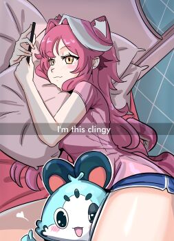 1girl absurdres animal_ears bed bedroom between_thighs blue_shorts blush cellphone chattino_(raora_panthera) closed_mouth commentary english_commentary english_text extra_ears hair_intakes heart highres holding holding_phone hololive hololive_english indoors long_hair looking_at_phone multicolored_hair panther_ears panther_girl phone pillow pink_hair pink_shirt pink_skirt raora_panthera shadowsky_exe shirt short_sleeves shorts skirt smartphone smile streaked_hair thighs thumbs_up two-tone_hair virtual_youtuber white_hair yellow_eyes