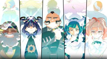 5boys 5girls absurdres apron badge beard belt black_hair black_suit bow bowtie canari_(pokemon) corbeau_(pokemon) facial_hair formal_clothes glasses gomabu_(rirurutennsi) green_hair grey_hair grin griselle_(pokemon) grisham_(pokemon) gwynn_(pokemon) hard_hat helmet highres ivor_(pokemon) jacinthe_(pokemon) jacket jewelry lebanne_(pokemon) maid_apron maid_headdress mega_stone mohawk multiple_boys multiple_girls mustache nintendo philippe_(pokemon) pokemon pokemon_legends:_z-a purple_hair ring smile suit tarragon_(pokemon) white_jacket